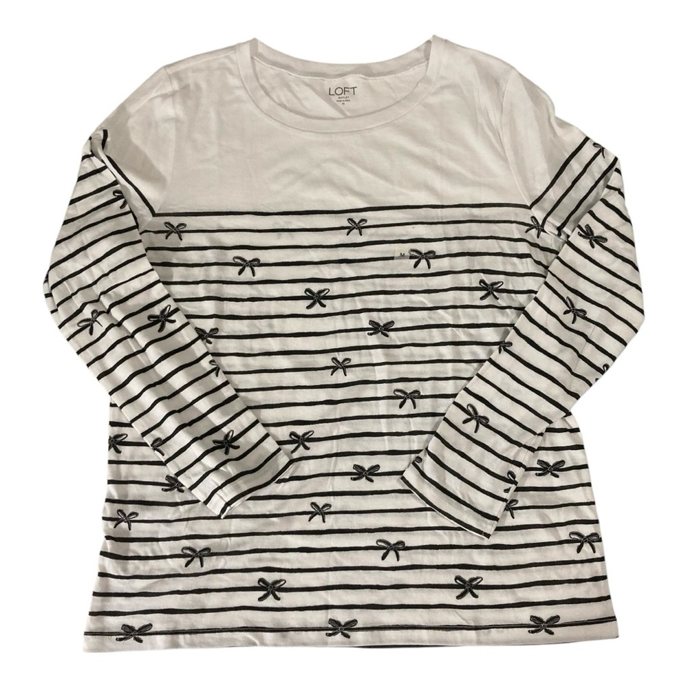 Loft Long Sleeve Cotton Tee White with Black Bows Size M NWT